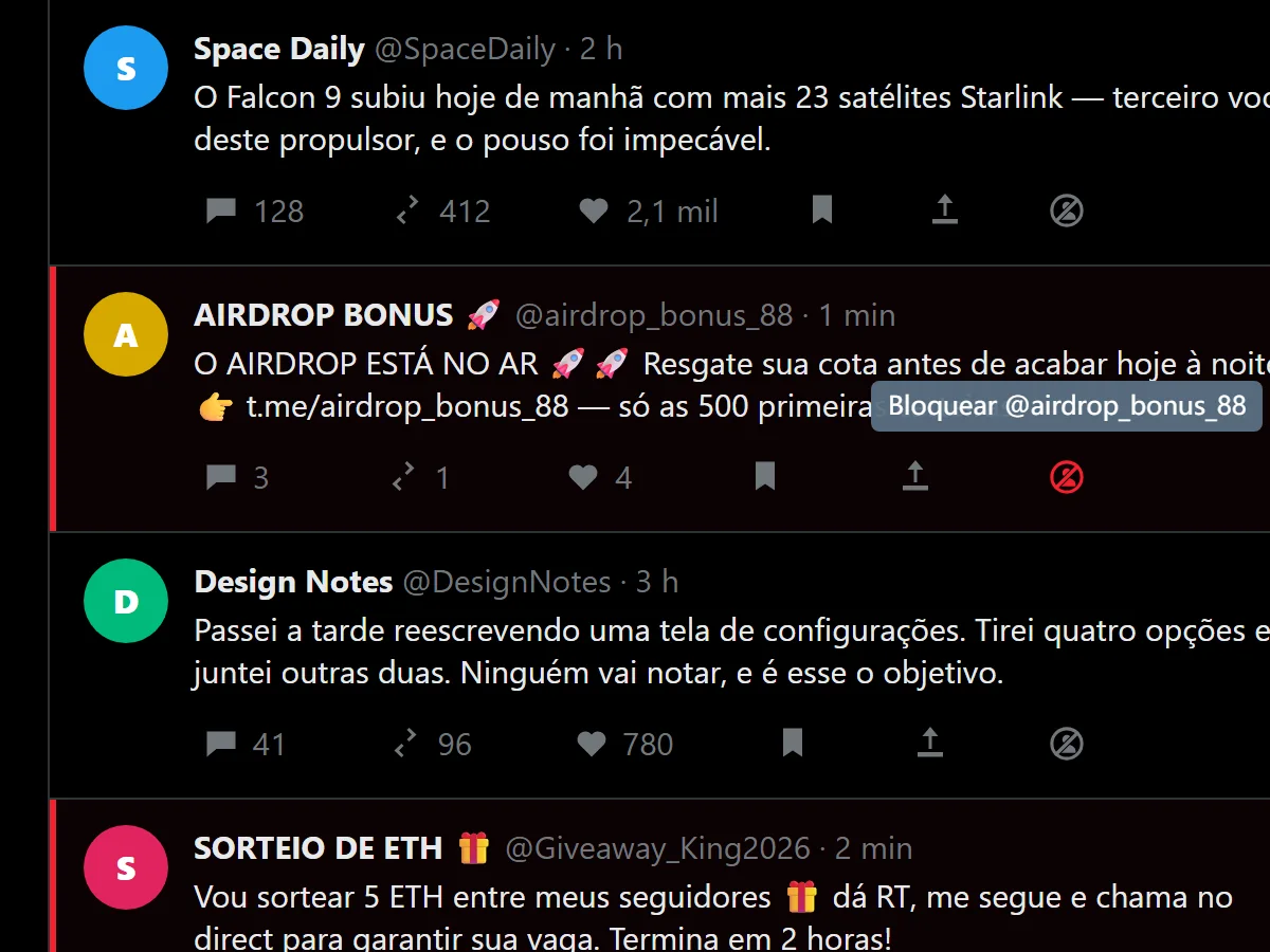 Ícone de bloqueio em um clique na barra de ações de uma publicação do X, mostrando a dica Bloquear @airdrop_bonus_88