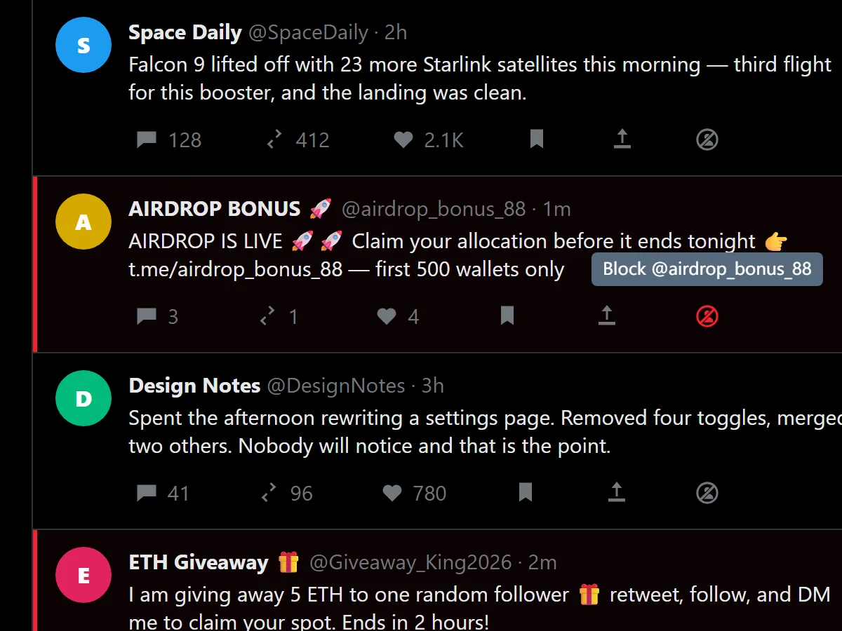 One-click block icon in the action bar of an X post, showing the tooltip Block @airdrop_bonus_88