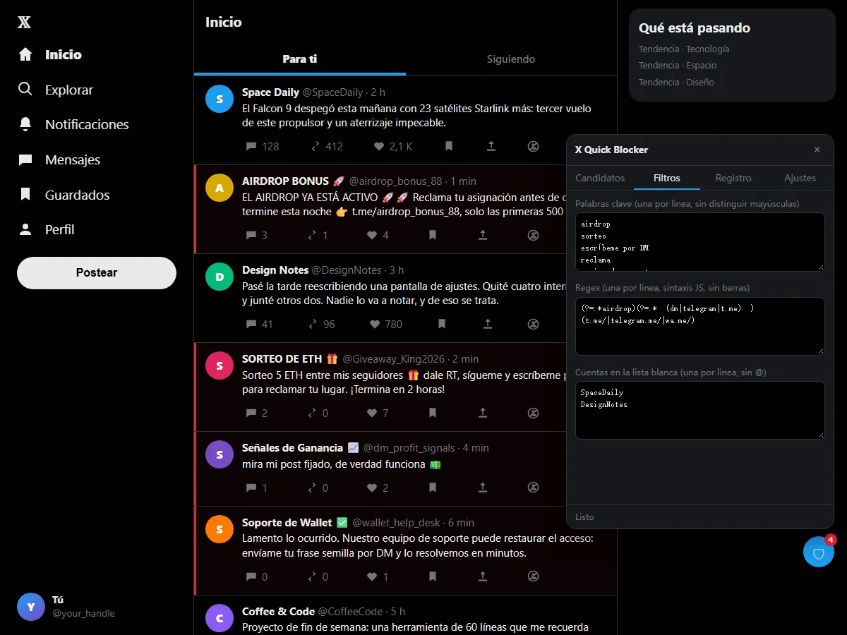 La pestaña Filtros de X Blocker con palabras clave, patrones regex y una lista blanca