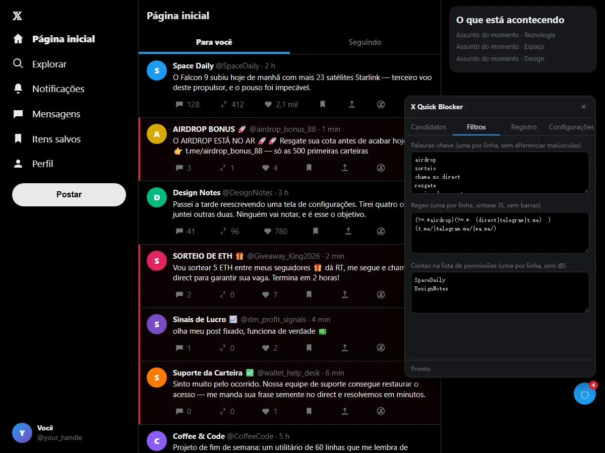 A aba Filtros do X Spam Blocker com palavras-chave, padrões de regex e a lista de permissões