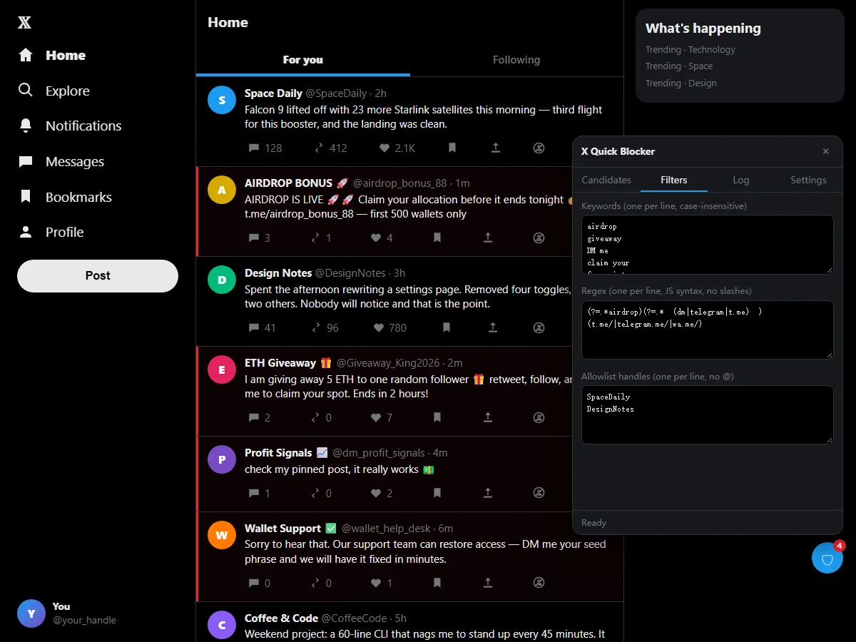 The Filters tab of X Blocker with keywords, regex patterns and an allowlist