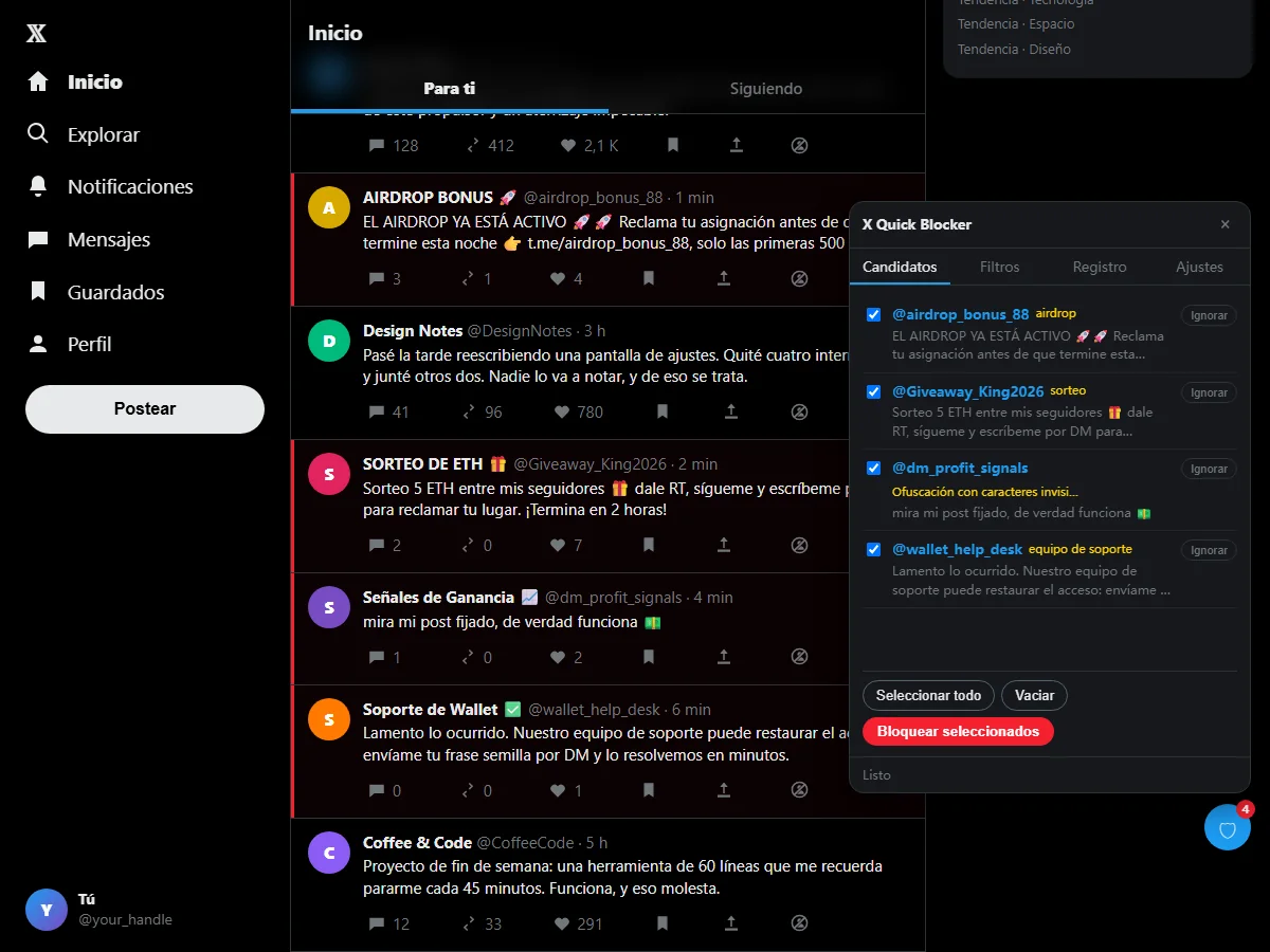 Un candidato en X Spam Blocker etiquetado Ofuscación con caracteres invisibles