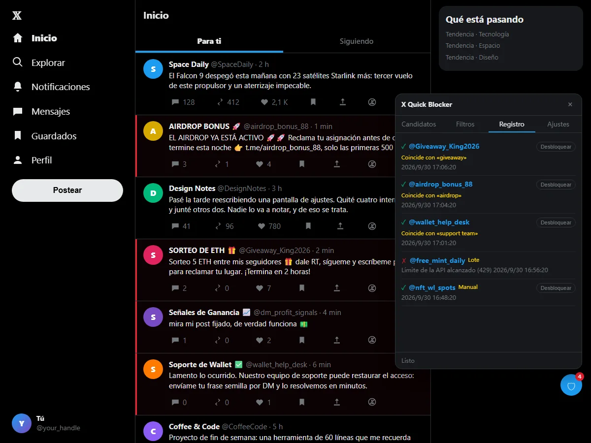 La pestaña Registro de X Blocker con cuentas bloqueadas, la regla que coincidió y el botón Desbloquear