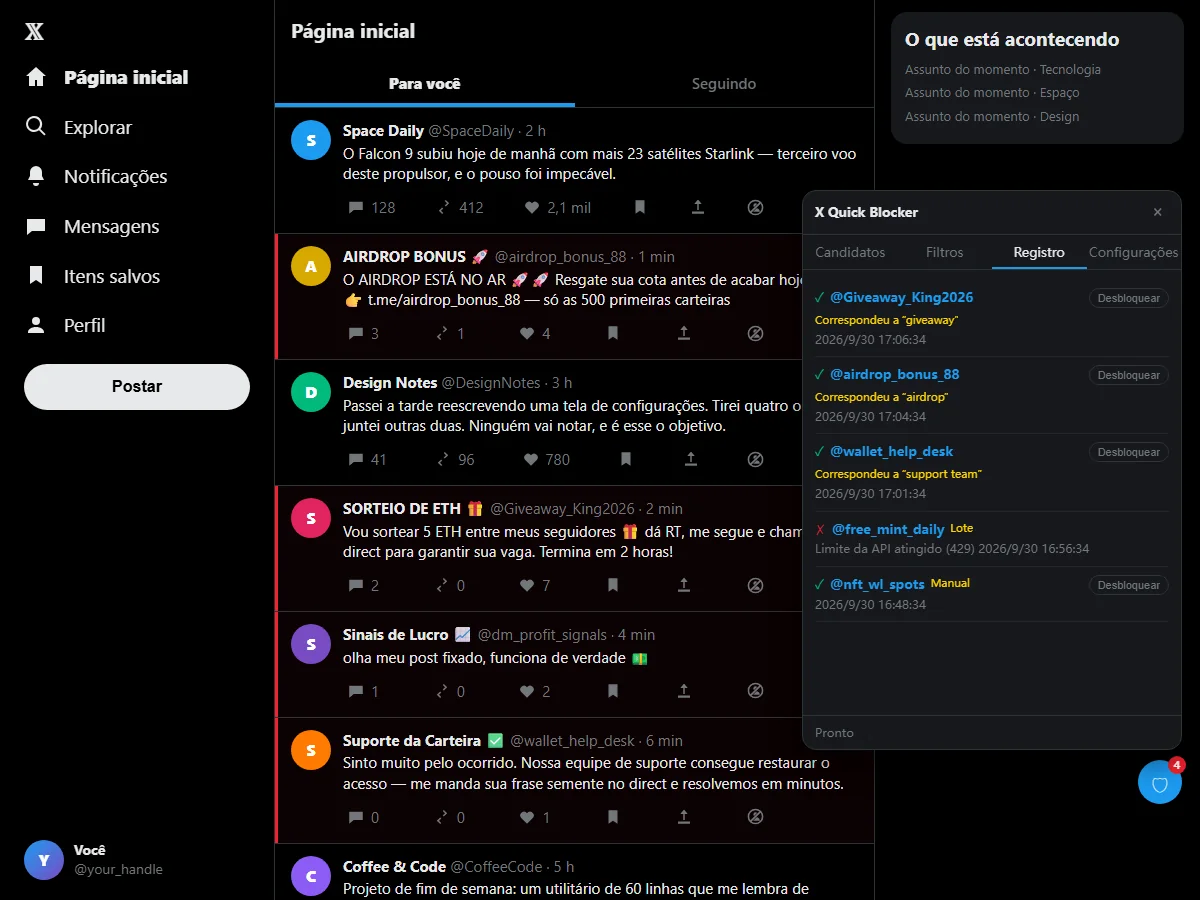 A aba Registro do X Spam Blocker listando contas bloqueadas com a regra correspondente e um botão Desbloquear