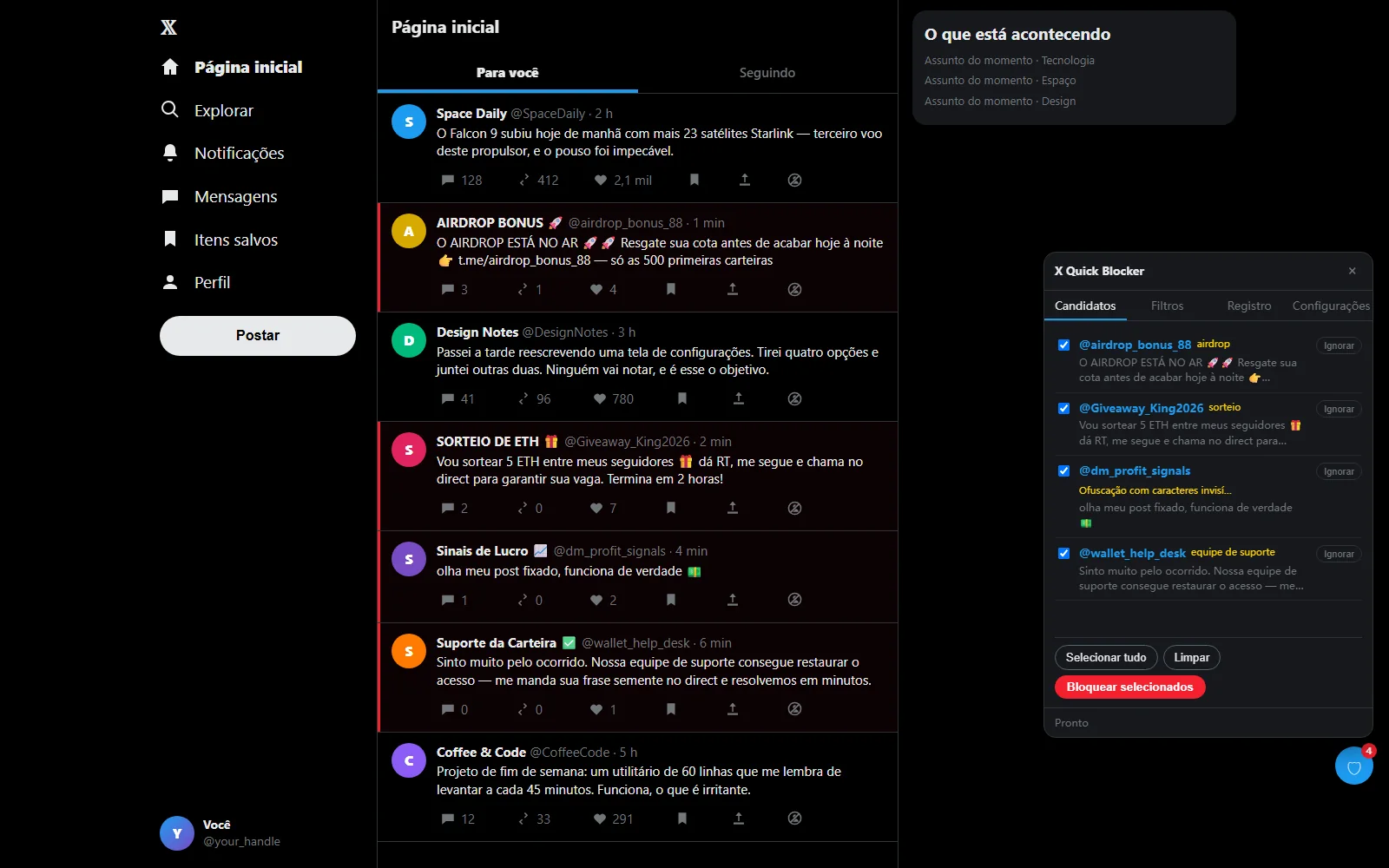 X Spam Blocker: a lista de candidatos de contas de spam ao lado de uma linha do tempo do Twitter, com o botão Bloquear selecionados